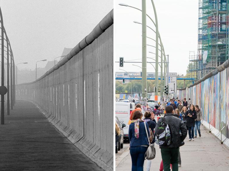 (Links seht Ihr die Mühlenstraße in Berlin vor der Deutschen Einheit und rechts ist die inzwischen als East-Side-Gallery bekannte Straße heute zu sehen. Wenn das kein Grund zum Feiern ist.)