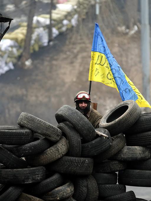 Ein Demonstrant steht in Kiew hinter einer Barrikade aus alten Autoreifen.