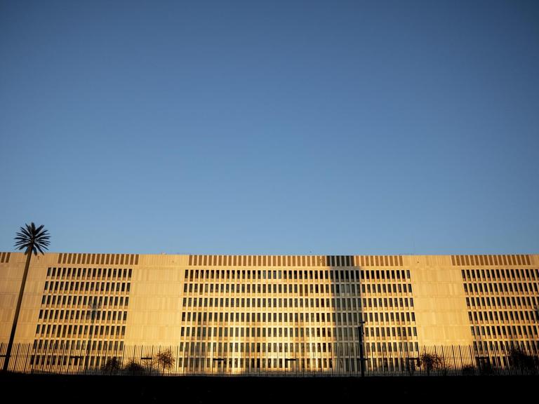 Aufnahme der neuen BND-Zentrale, in Gold getaucht, mit Palme vor der Fassade.