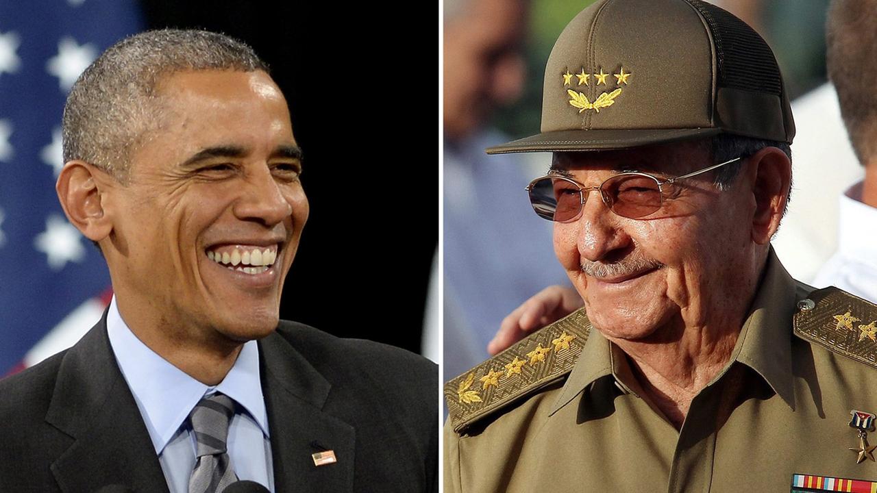 Bildkombo zeigt US Präsident Barack Obama (l) am 21.11.2014 in Las Vegas (USA) und den kubanischen Präsidenten Raul Castro am 26.07.2014 in Artemisa (Kuba).