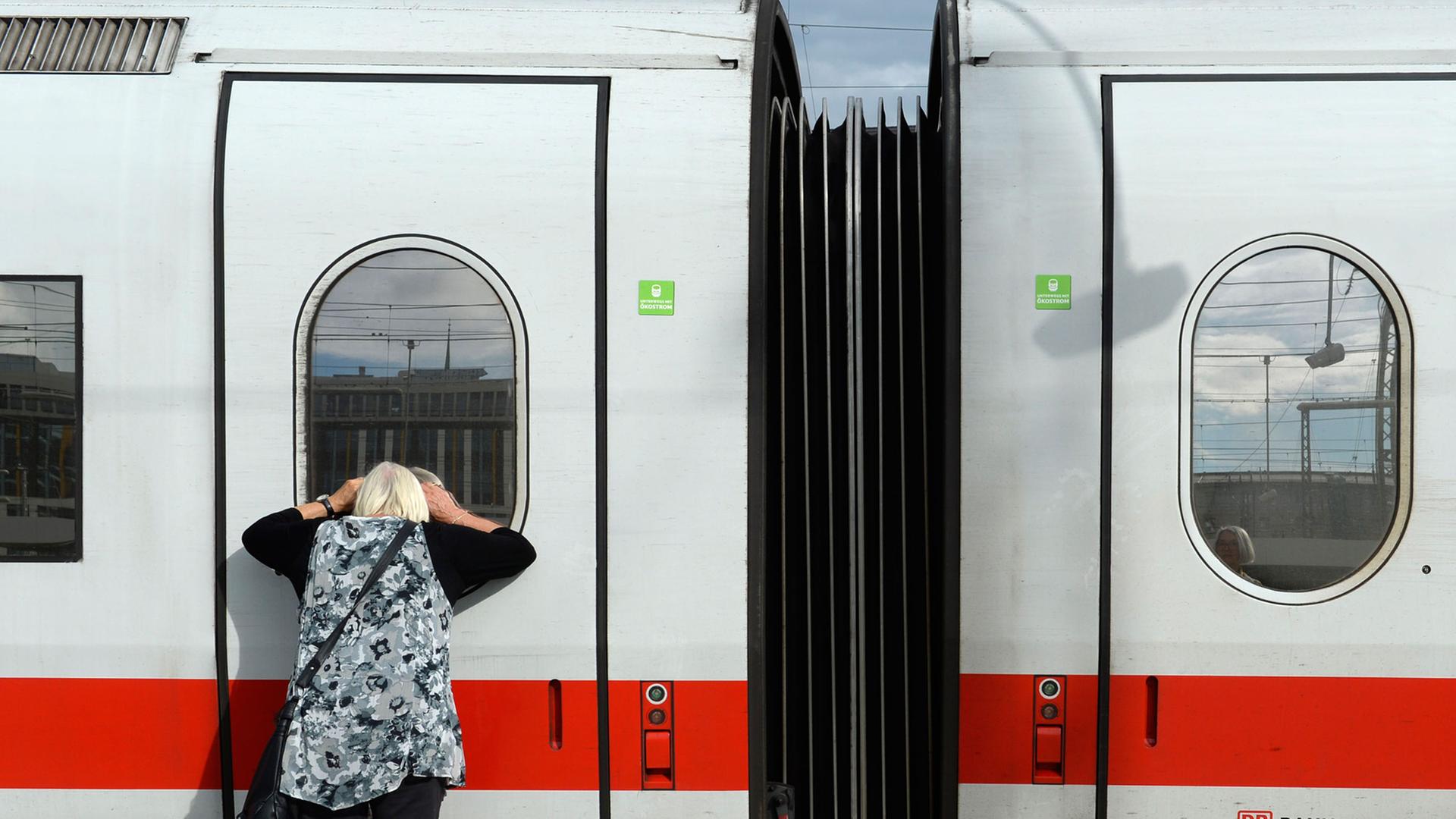Eine Frau schaut am Münchener Hauptbahnhof in einen wegen des Lokführer-Streiks geparkten ICE.