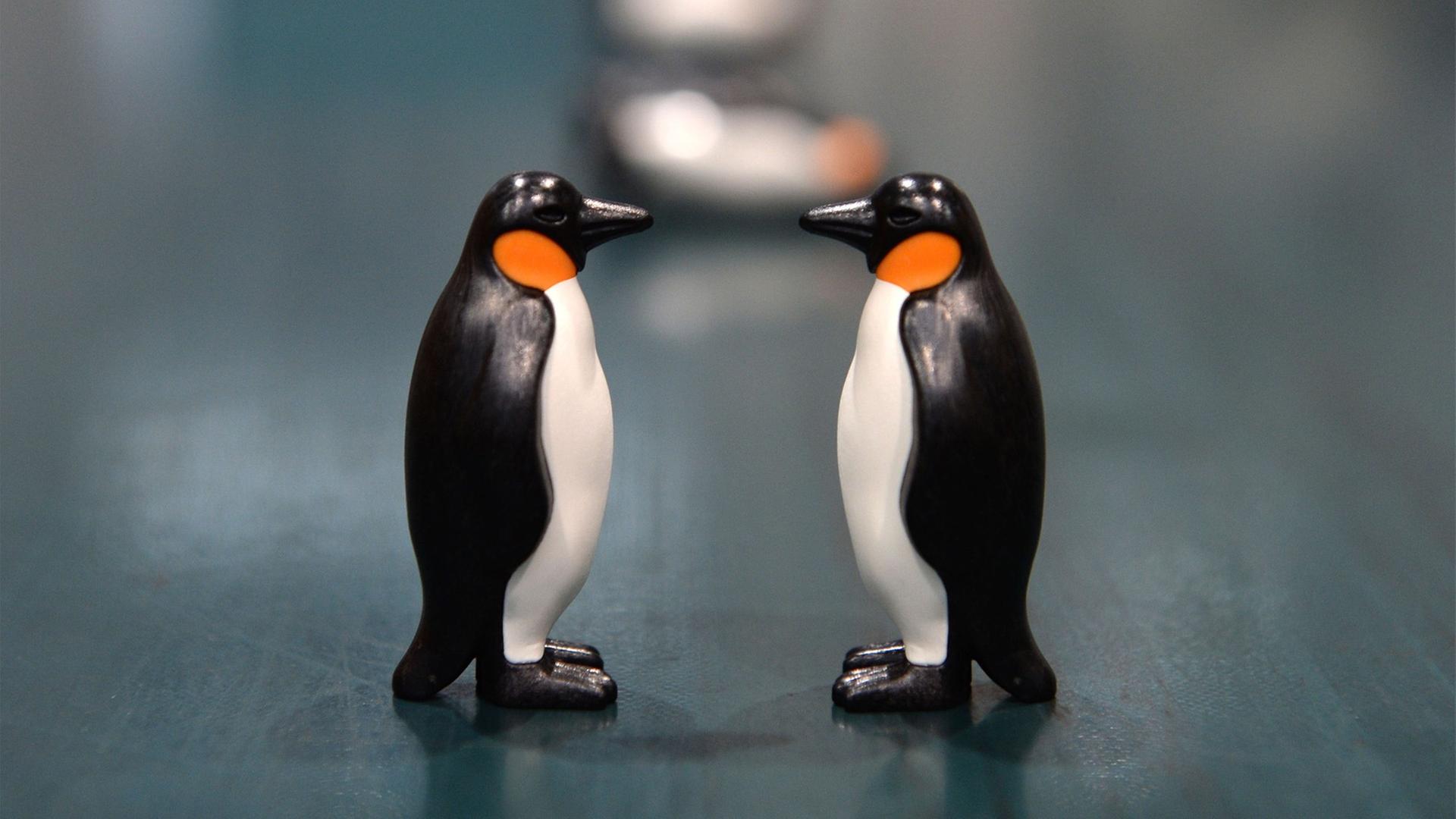 Zwei Pinguinfiguren schauen sich an.