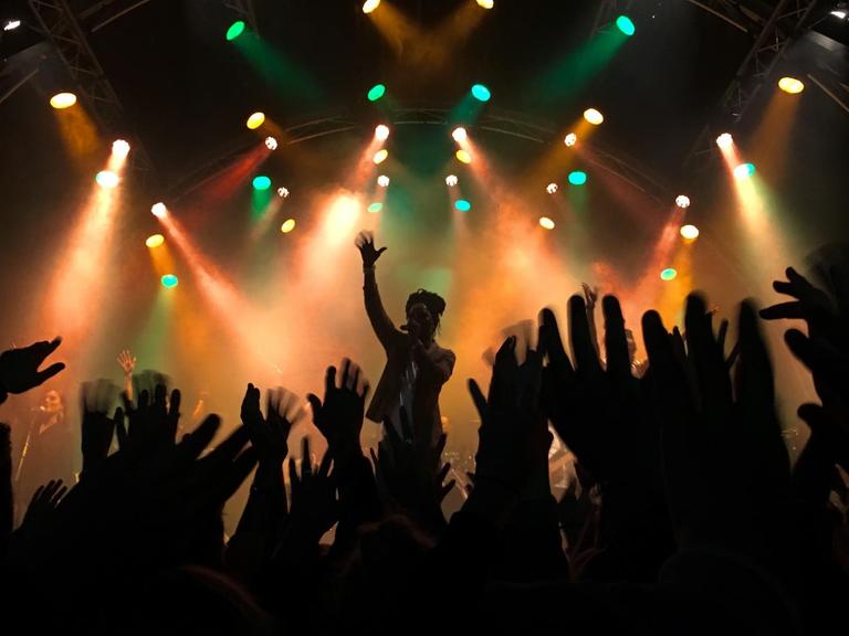 Konzertszene: Im Vorderung des Bildes sieht man viele dicht stehende Konzertbesucher, die ihre Hände in die Höhe heben. Im Hintergrund sieht man einen Sänger auf der Bühne, sein Auftritt wird von buten Scheinwerfern beleuchtet.