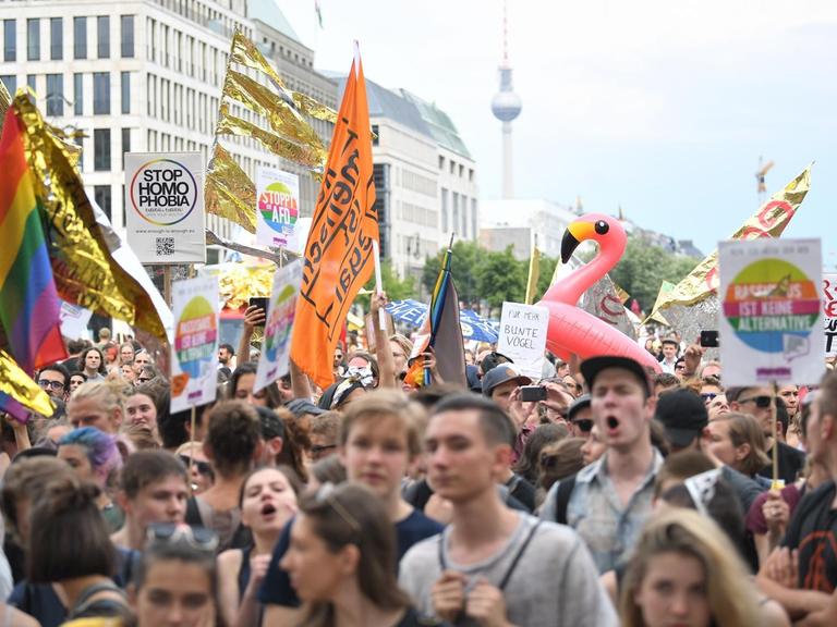 Berlin: Demonstranten protestieren auf dem Pariser Platz vor dem Brandenburger Tor gegen eine Demonstration der AfD.