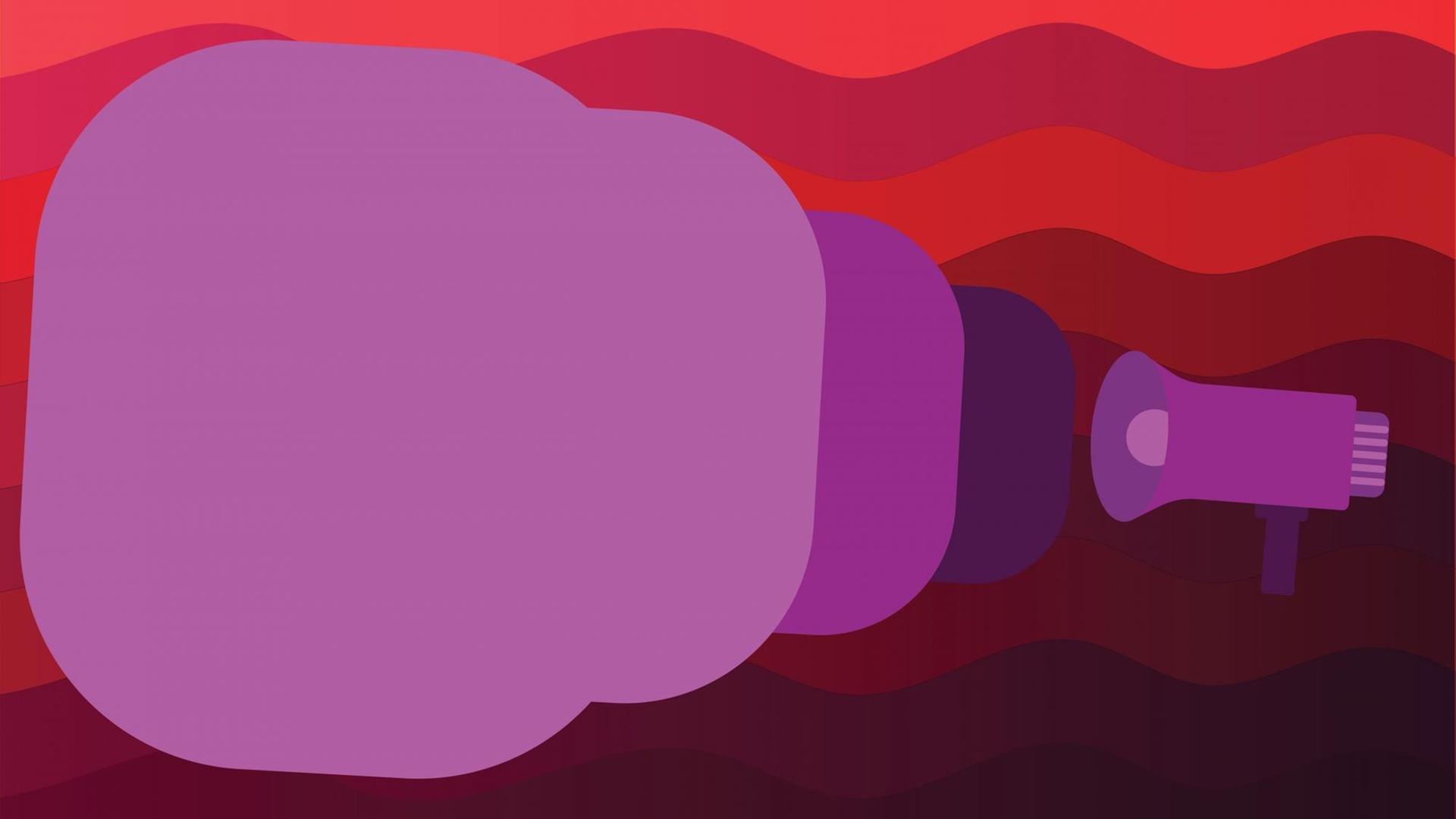 Illustration: Ein Megafon mit violetter Sprechblasenwolke vor rotem Hintergrund.