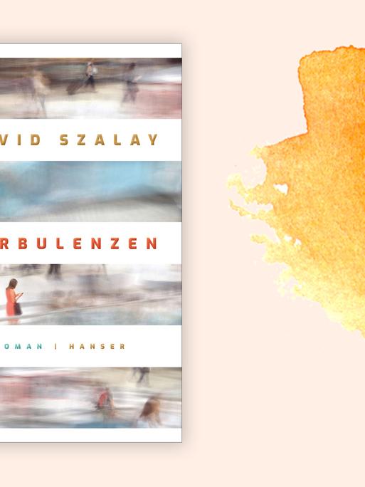 Das Buchcover "Turbulenzen" von David Szalay ist vor einem grafischen Hintergrund zu sehen.