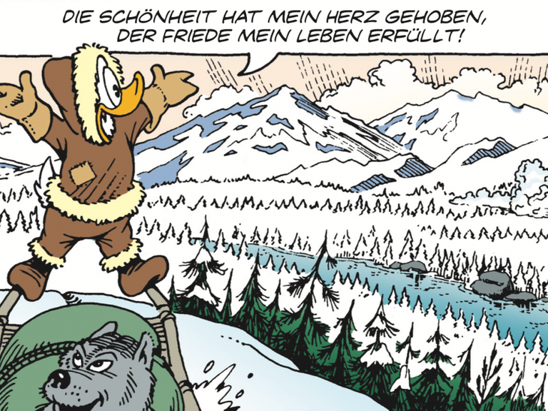 Die Comicente freut sich über die Schönheit einer Schneelandschaft.