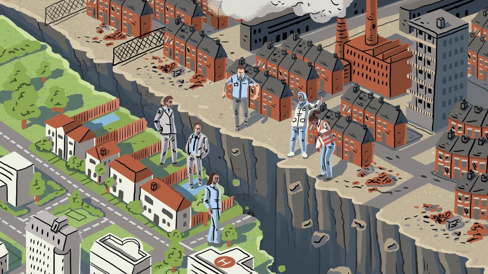 Die Illustration zeigt einen tiefen Graben zwischen einem reichen Stadtviertel und einem armen Stadtviertel. Auf jeder Seite stehen sich drei Menschen gegenüber.