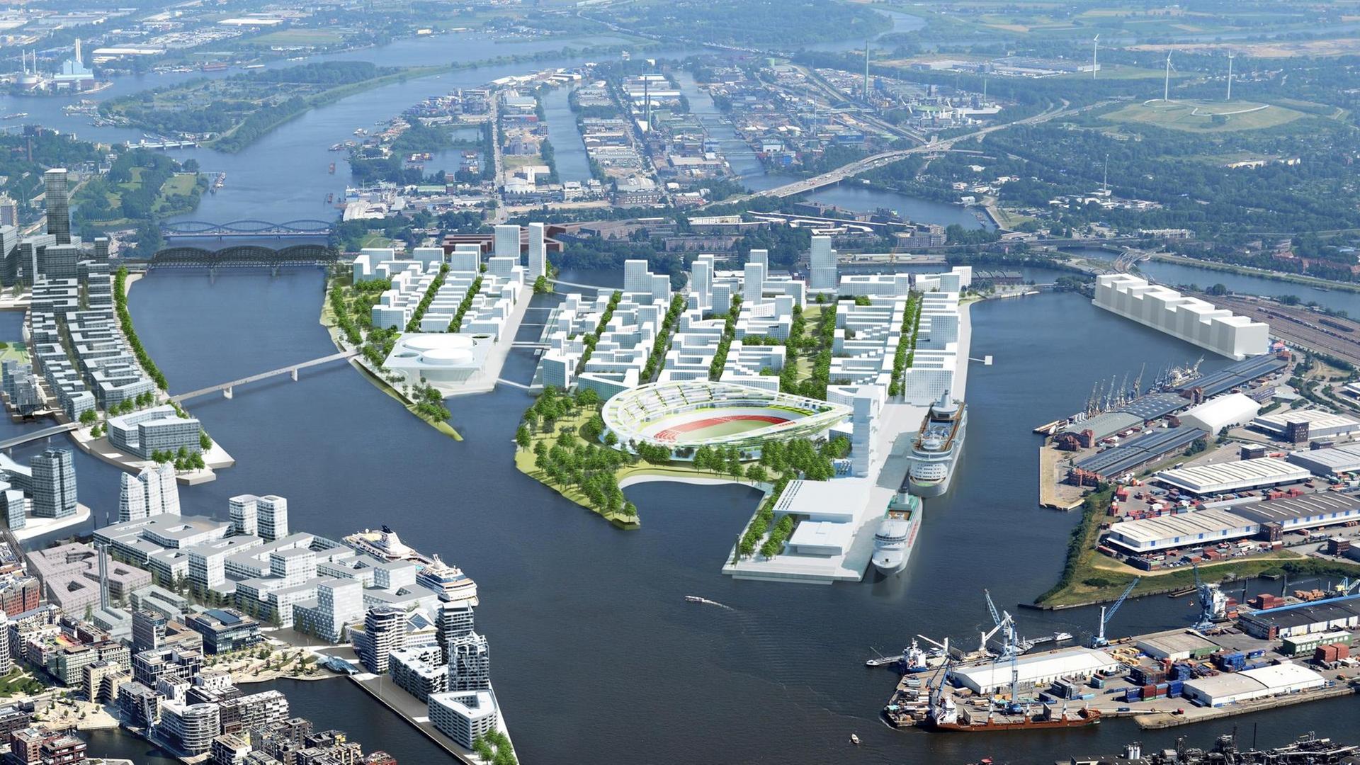 Zu sehen ist eine Foto-Simulation, die ein Stadion und neue Wohnhäuser zeigt. Alles steht im Hamburger Hafen auf der Elbinsel "Kleiner Grasbrook."