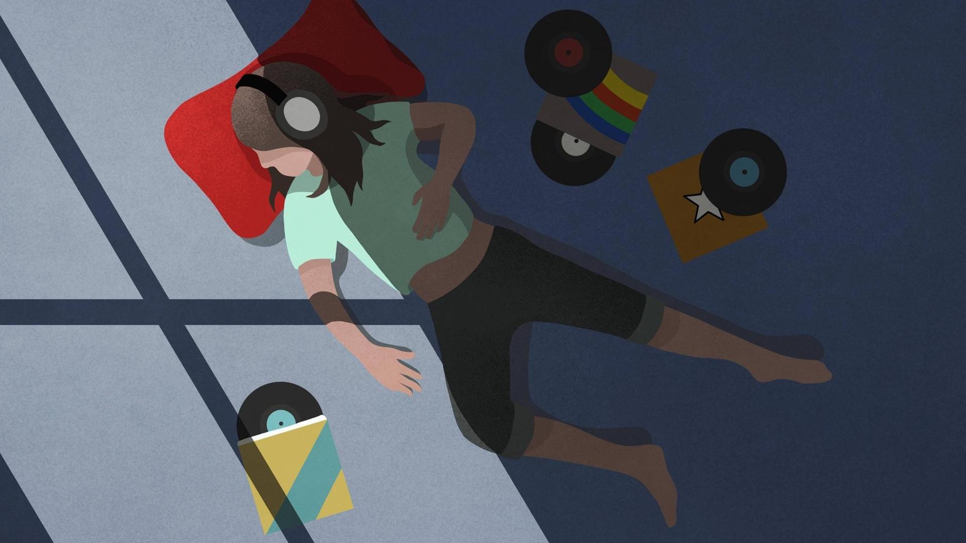 Illustration eines, am Boden liegenden, Mädchens mit Kopfhörer. Rings um sie herum liegen Schallplatten.