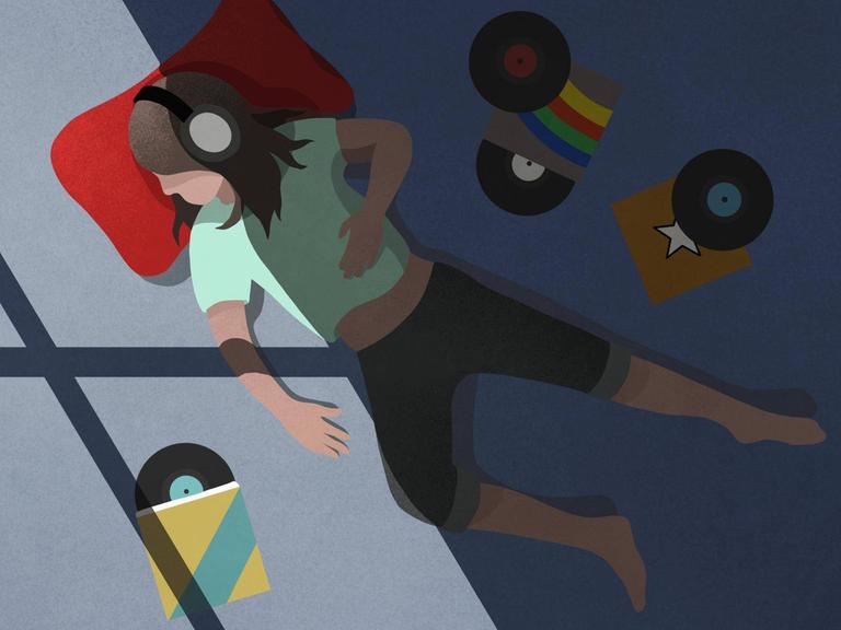 Illustration eines, am Boden liegenden, Mädchens mit Kopfhörer. Rings um sie herum liegen Schallplatten.