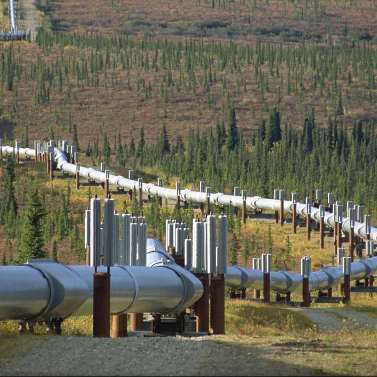 Eine Ölleitung verläuft über Permafrostboden in Alaska.