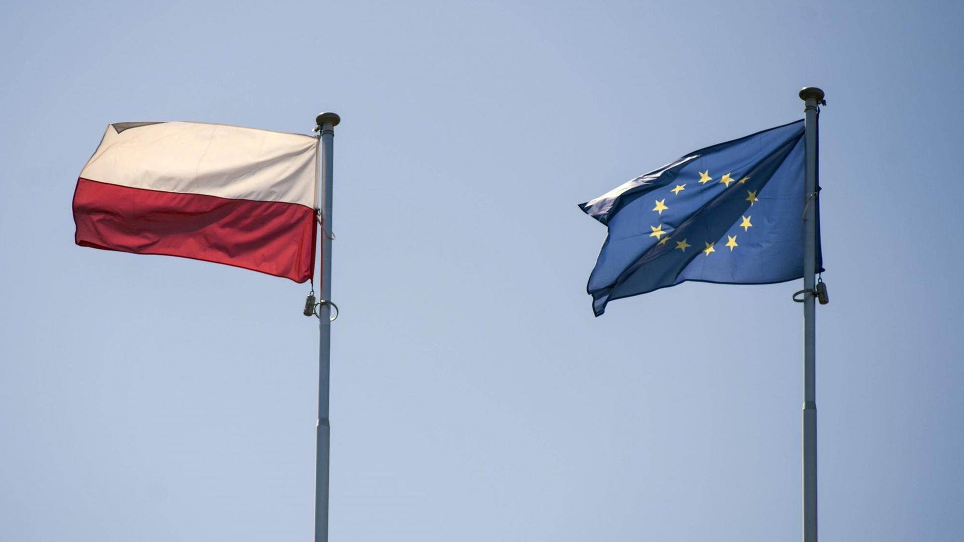 Die Fahnen Polens und der EU.