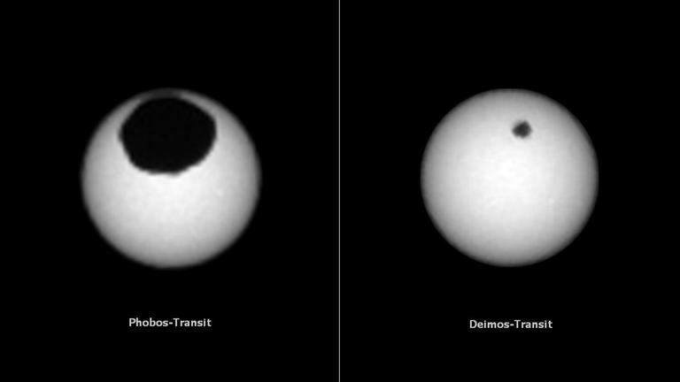 Die beiden Marsmonde Phobos und Deimos sind zu klein, um eine totale Sonnenfinsternis auszulösen – es reicht nur für Transit vor der Sonne