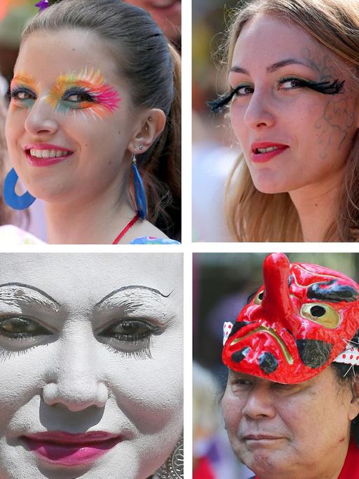 Gesichter des Karnevals - Menschen in bunten Kostümen und farbigen Make-Ups nehmen am 19.05.2013 in Berlin am Festumzug des Karnevals der Kulturen der Welt teil.