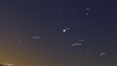 Die Mondsichel und Orion morgen früh zu Beginn der Dämmerung