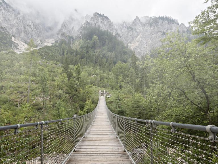 Hängebrücke im Klausbachtal, Nationalpark Berchtesgaden, Bayern.