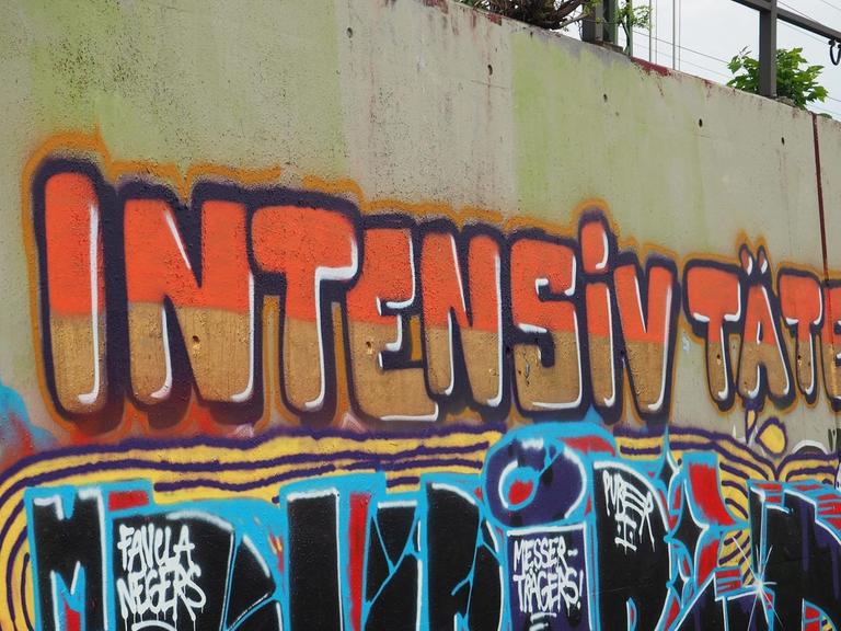 An einer Wand in Berlin steht der Schriftzug "Intensivtäter", aufgenommen am 05.05.2015.