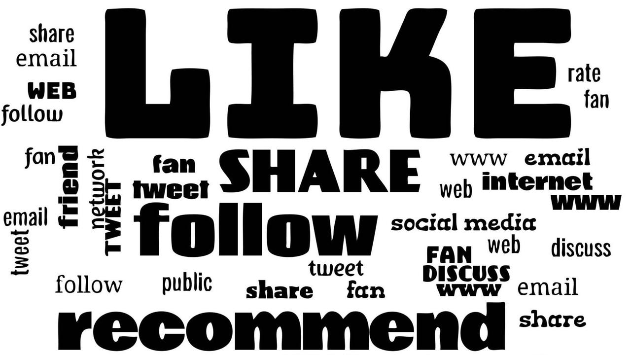 Illustration zeigt Tags sozialer Medien wie "Like", "Share" oder "follow".