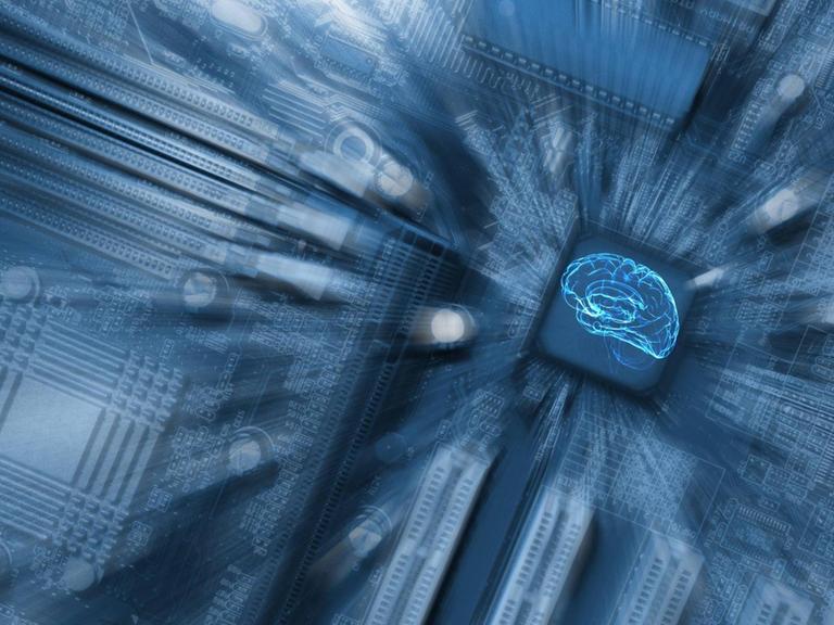 Illustration zum Thema Künstliche Intelligenz - ein Gehirn über einer Festplatte in Blau mit Verfremdungseffekten.