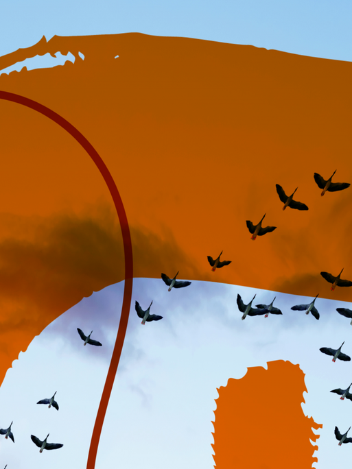 Das Bild zeigt das Podcast-Logo der Sendung "Religionen". Zu sehen sind die Schemen von Zugvögeln vor einem bewölkten Abendhimmel. Darüber sind orange, halbtransparente Flächen und Linien zu sehen.