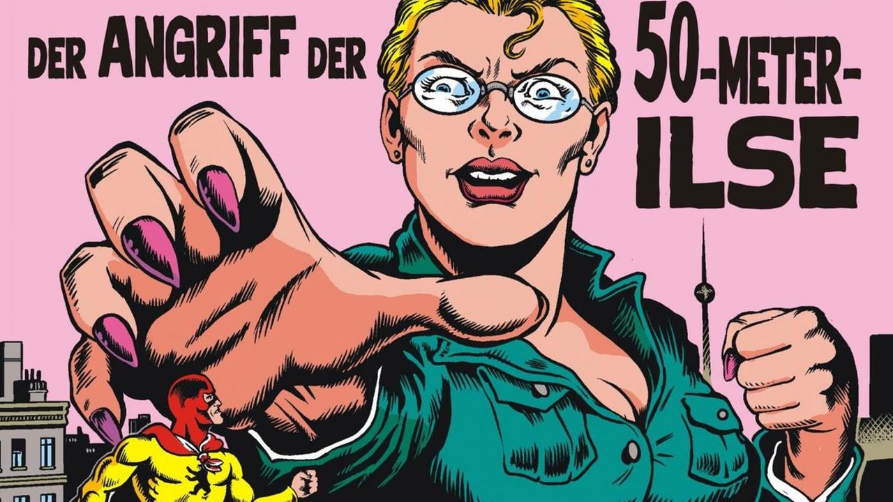 Cover des neuesten Bandes aus der "Captain Berlin"-Comicreihe von Jörg Buttgereit. Zu sehen ist die "50-Meter-Ilse" über den Dächern Berlins, die Captain Berlin auf dem Dach ergreifen will.