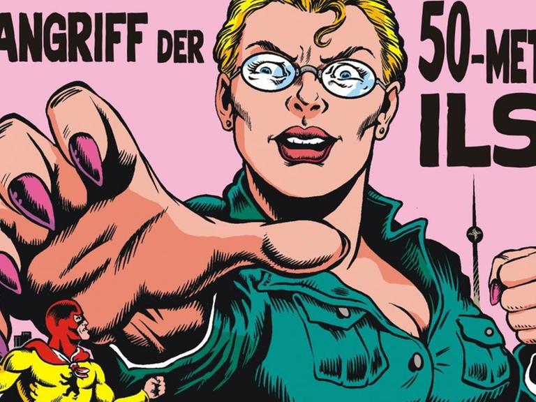 Cover des neuesten Bandes aus der "Captain Berlin"-Comicreihe von Jörg Buttgereit. Zu sehen ist die "50-Meter-Ilse" über den Dächern Berlins, die Captain Berlin auf dem Dach ergreifen will.