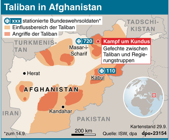 Karte von Afghanistan mit deutscher Militärpräsenz und Taliban-Einflussgebiet