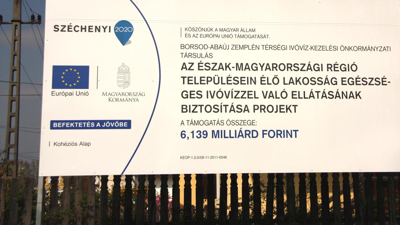 Hinweisschild auf EU-Förderprojekte sind in Ungarn allerorten zu finden, hier eins für neue Wasserleitungen.