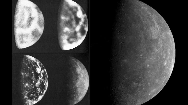 Der Planet Merkur, gezeichnet von Audouin Dollfus (oben links) im Vergleich zu einer Aufnahme von Mariner 10 (unten Mitte), die zunächst kontrastverstärkt (unten links) und dann zu einer geringeren Auflösung "verschmiert" wurde (oben Mitte); rechts die zugrunde gelegte Merkur-Aufnahme in höherer Auflösung