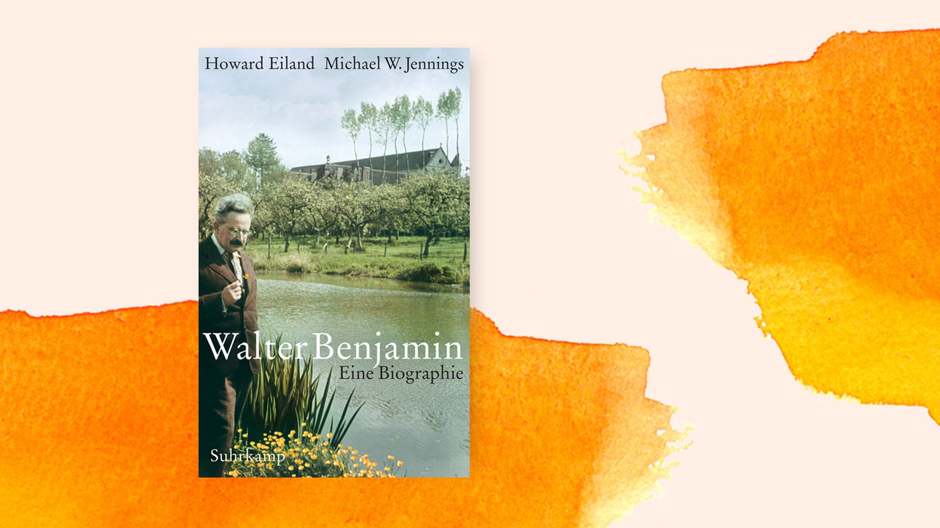 Collage mit dem Cover der Biografie über Walter Benjamin, im Hintergrund ein orange-gelbes Aquarell.