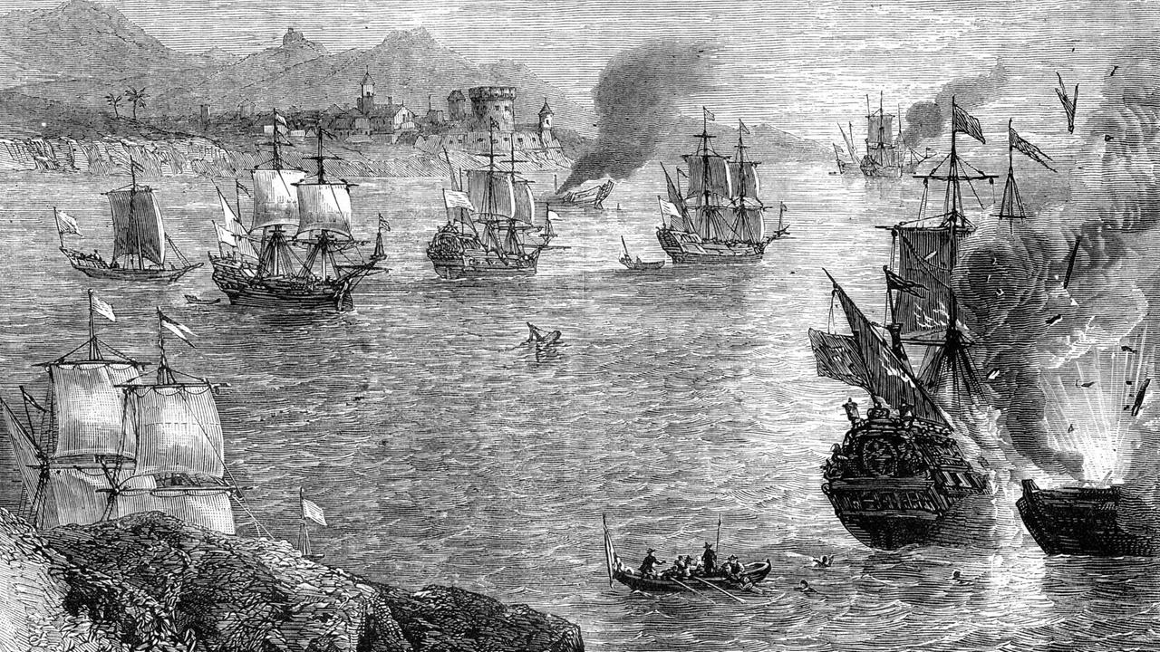 Schiffe unter dem Kommando von Henry Morgan (1635 - 1688) besiegen eine spanische Flotte. Darstellung auf einer historischen Zeichnung von zirka 1880.
