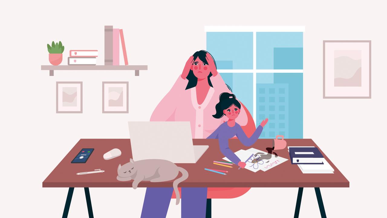 Illustration einer Frau Zuhause am Laptop, mit einem spieleden Kleinkind und einer schlafenden Katze auf dem Schreibtisch.