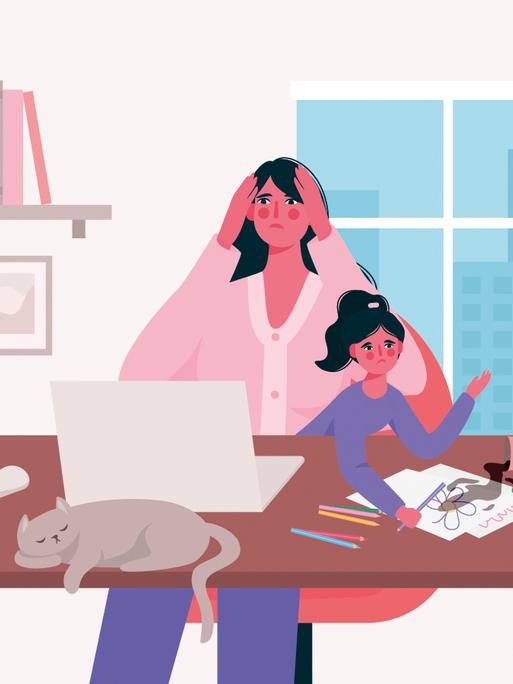 Illustration einer Frau Zuhause am Laptop, mit einem spieleden Kleinkind und einer schlafenden Katze auf dem Schreibtisch.