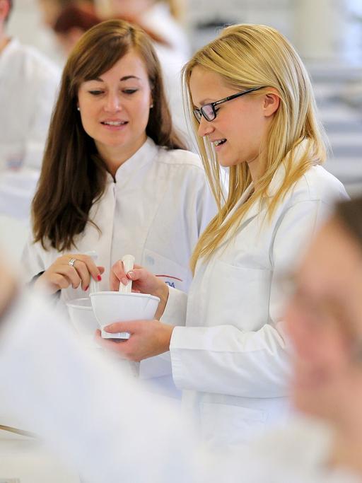 Mehrere Studenten in weißen Kitteln arbeiten in einem Labor. Eine Studentin hat einen Mörser in der Hand. Andere betrachten Reagenzgläser.