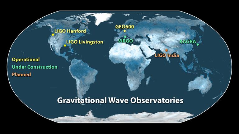 Ab 2017 wird VIRGO gemeinsam mit den beiden LIGO-Detektoren nach Gravitationswellen Ausschau halten – in mehr als zehn Jahren kommt auch LIGO India dazu 