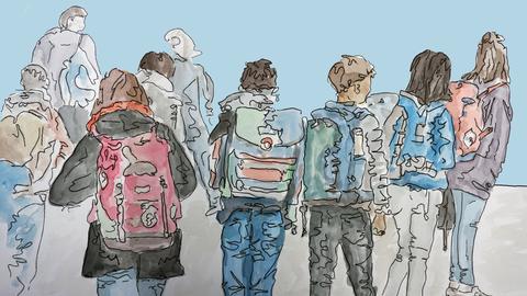 Zeichnung zu Folge 1: Schulkinder mit dem Rücken zum Zeichner, tragen Schulranzen und sind auf dem Weg zur Schule.