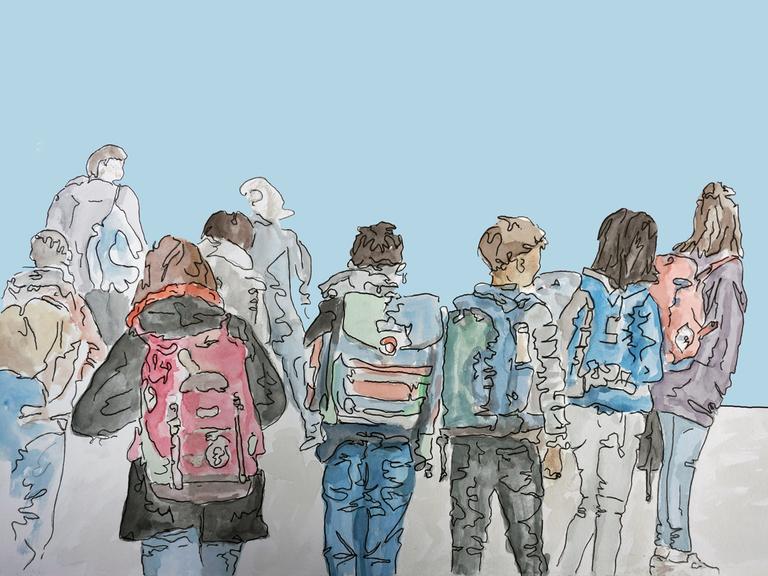 Zeichnung zu Folge 1: Schulkinder mit dem Rücken zum Zeichner, tragen Schulranzen und sind auf dem Weg zur Schule.