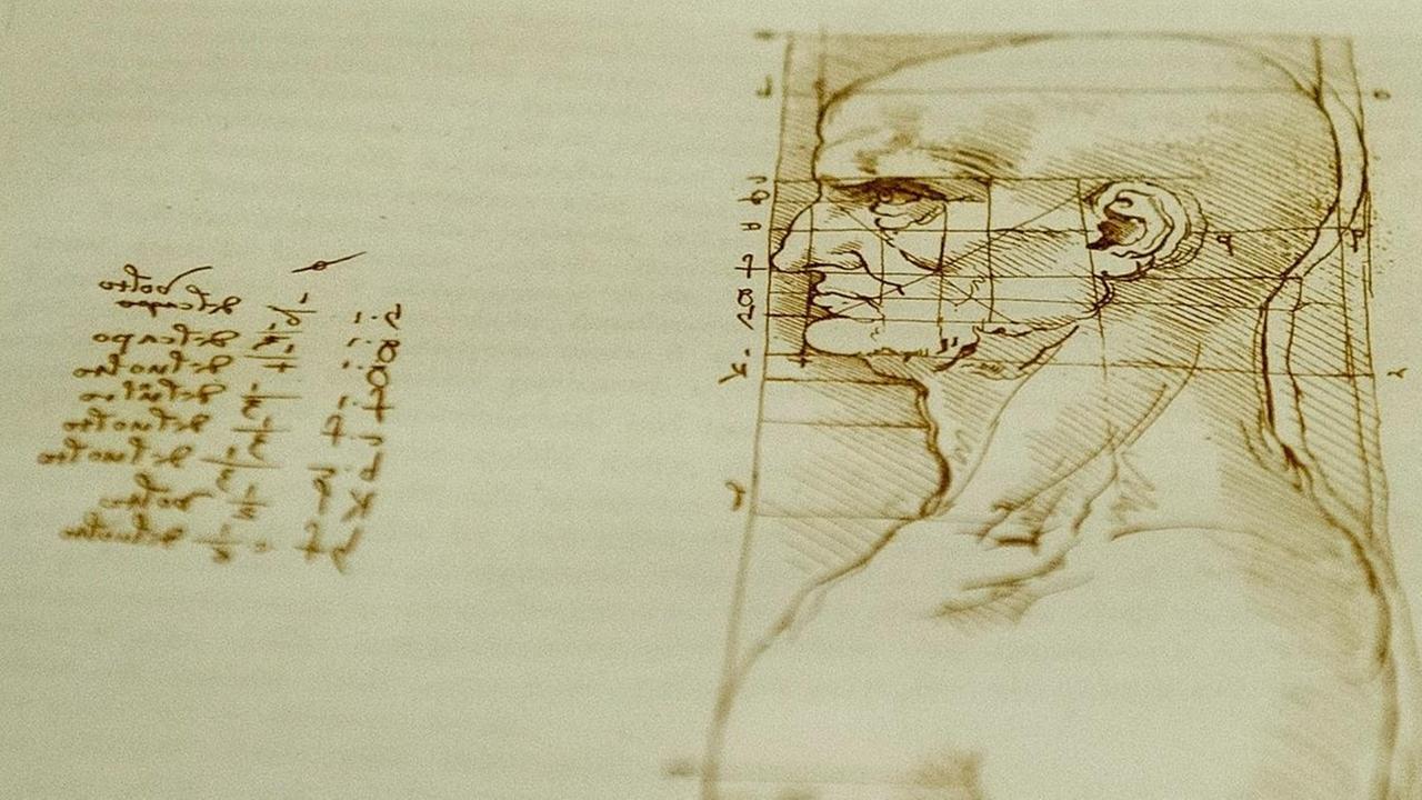 Detail einer Zeichnung von Leonardo da Vinci in der Ausstellung " The Universal Man" in Venedig.