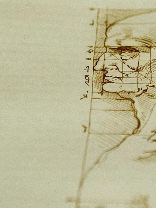 Detail einer Zeichnung von Leonardo da Vinci in der Ausstellung " The Universal Man" in Venedig.