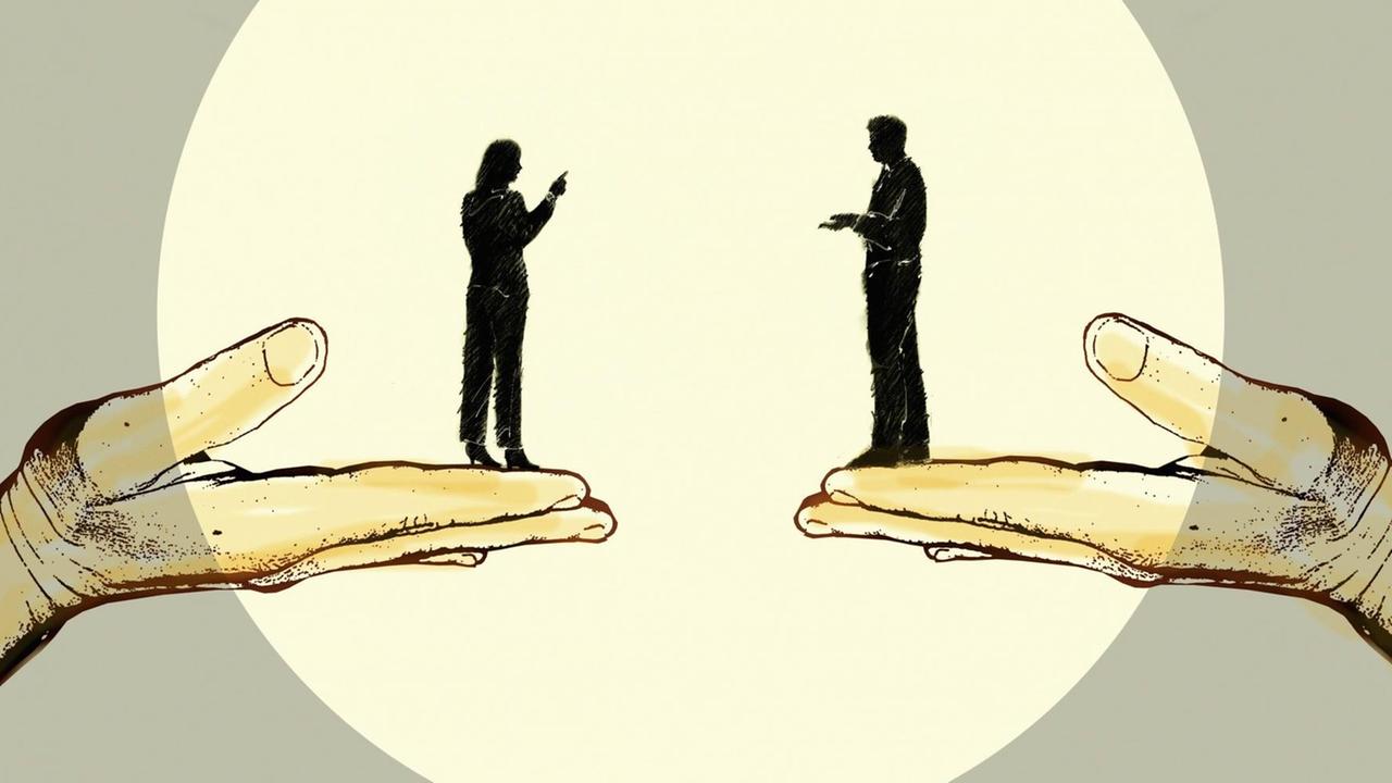 Illustration: Mann und Frau diskutieren auf stützenden Händen stehend