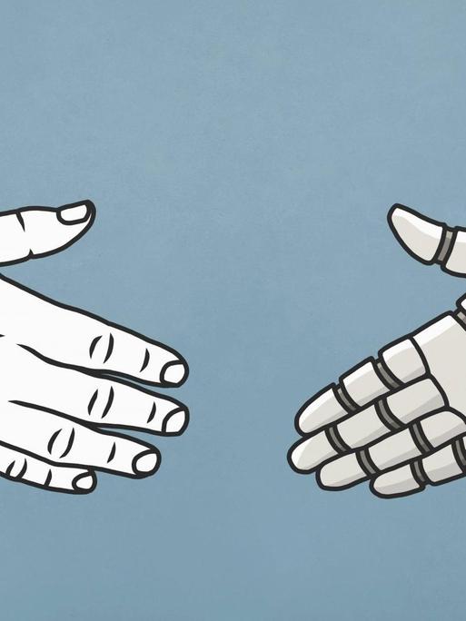 Eine menschliche Hand und die eines Roboters bewegen sich aufeinander zu (Illustration).