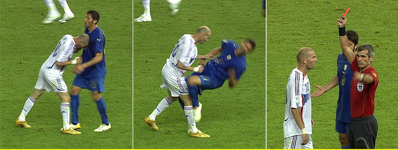 Bildkombination zeigt den Kopfstoß Zidanes gegen Materazzi bei der WM 2006 und die darauffolgende Rote Karte