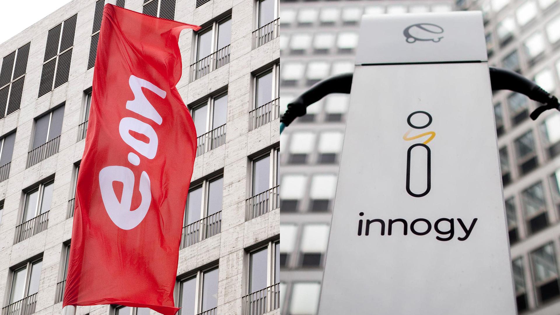 Montage zweier Bilder: links das Logo von Eon auf einer roten Flagge, rechts das Logo von Innogy auf einer Ladestation.