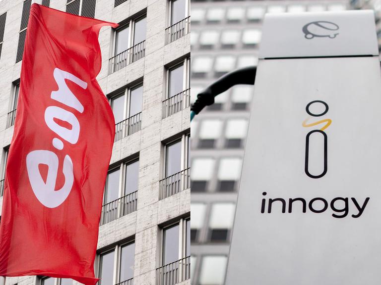Montage zweier Bilder: links das Logo von Eon auf einer roten Flagge, rechts das Logo von Innogy auf einer Ladestation.