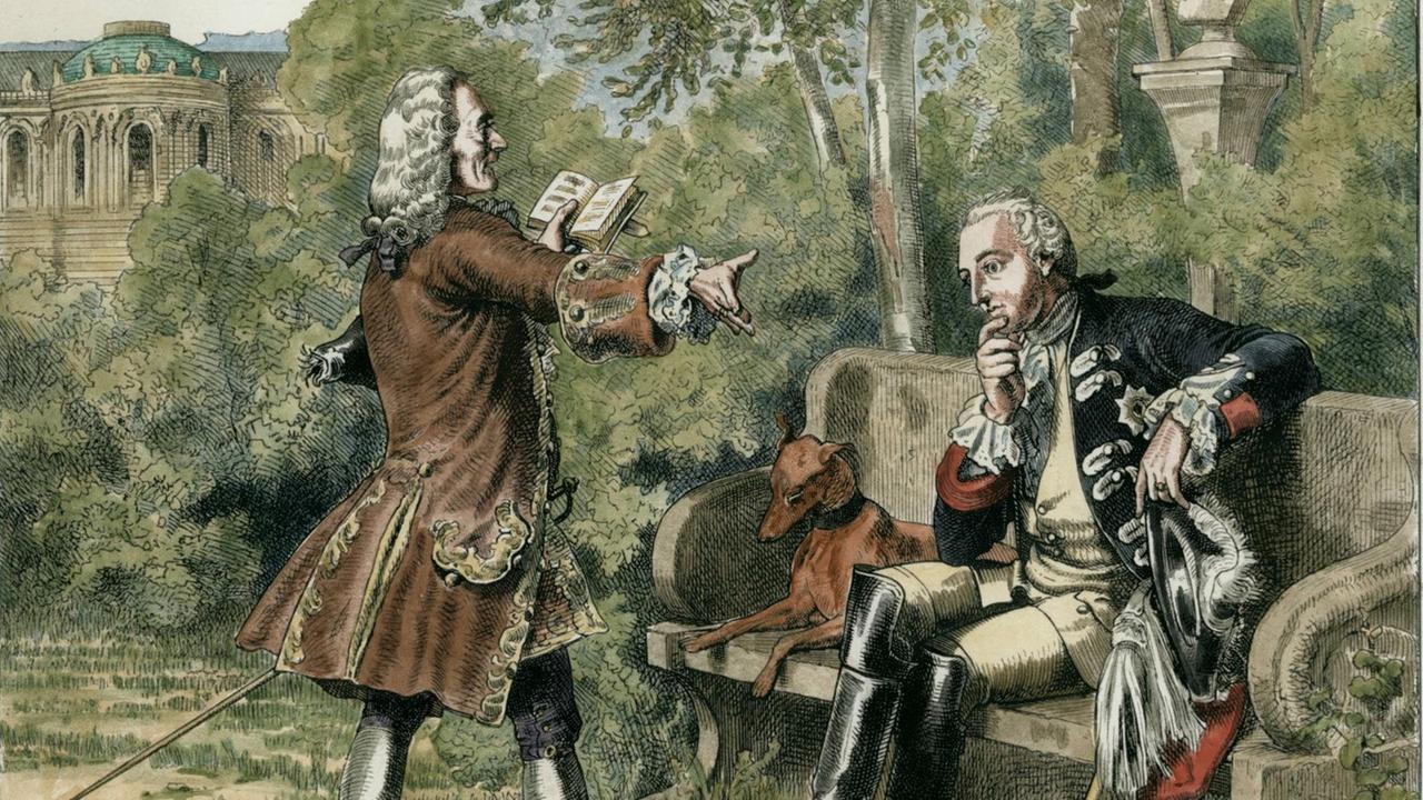 Friedrich II. und Voltaire im Park von Sanssouci. Ein Holzstich von 1857, nach Zeichnung von Wilhelm Camphausen ( spätere Kolorierung).