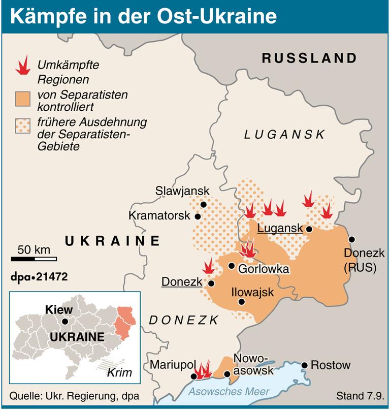 Karte der Ost-Ukraine mit Kämpfen und von Separatisten kontrollierten Gebieten