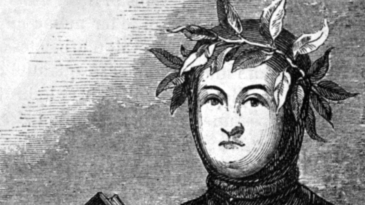 Auf der Zeichnung ist Francesco Petrarca zu sehen, der eine Krone aus Blättern um die Stirn gebunden trägt