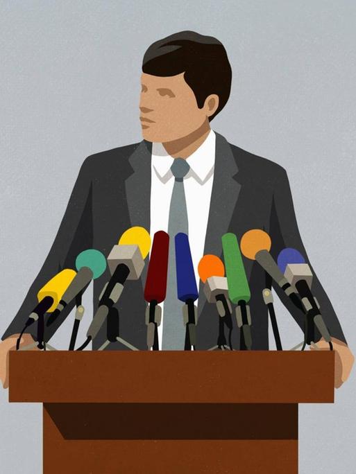 Illustration: Ein Politiker an einem Pult spricht in viele Mikrofone.