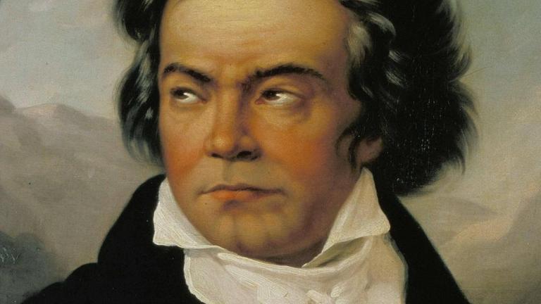 Ölgemälde von Ferdinand Schimon mit dem Porträt Beethovens, der vor einer zerklüfteten Gebirgslandschaft zu sehen ist. Beethoven trägt ein weißes Hemd unter einem schwarzen Gehrock.